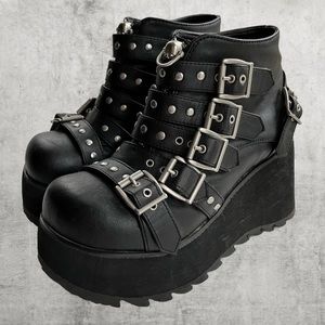 DEMONIA Scene 30 buckle wedge platform shoes black goth alt punk